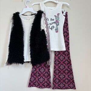 Belle Du Jour Faux Fur Vest / long sleeve Tee / tank / flare legging 4 Pcs sets